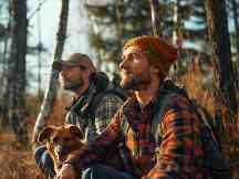 Gothaer Jagdversicherung: Zwei Jäger sitzen in einem Wald und schauen in die Ferne. Daneben sitzt ein Hund.